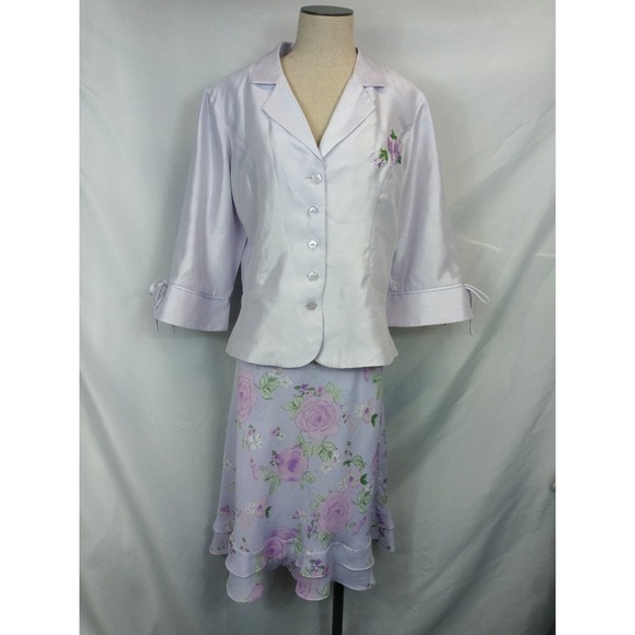 VTG Karin Stevens 2pc Outfit 14 Purple Floral Skirt & Jacket Set Mother Bride - Picture 1 of 12